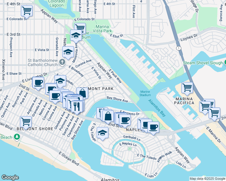 map of restaurants, bars, coffee shops, grocery stores, and more near 335 Santa Ana Avenue in Long Beach