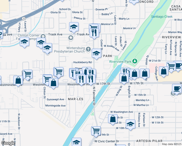 map of restaurants, bars, coffee shops, grocery stores, and more near 1806 North Fairview Street in Santa Ana
