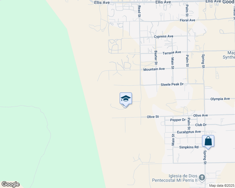 map of restaurants, bars, coffee shops, grocery stores, and more near 21143 Steele Peak Drive in Perris