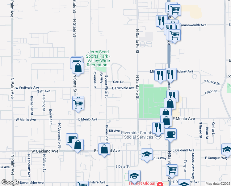map of restaurants, bars, coffee shops, grocery stores, and more near 555 East Fruitvale Avenue in Hemet