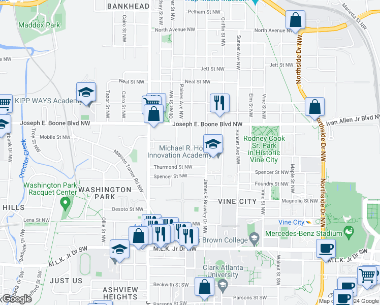map of restaurants, bars, coffee shops, grocery stores, and more near 264 Andrew J Hairston Boulevard Northwest in Atlanta