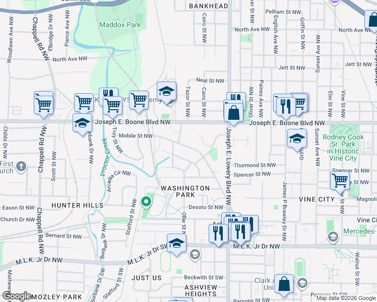 map of restaurants, bars, coffee shops, grocery stores, and more near 1070 Mayson Turner Road Northwest in Atlanta