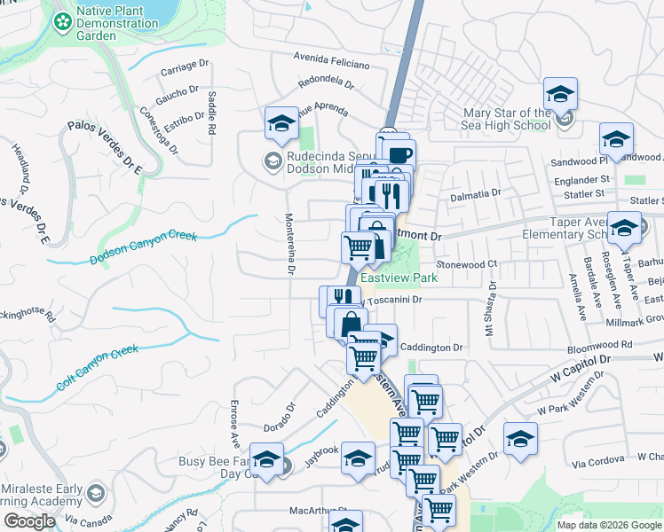 map of restaurants, bars, coffee shops, grocery stores, and more near 1808 Velez Drive in Rancho Palos Verdes