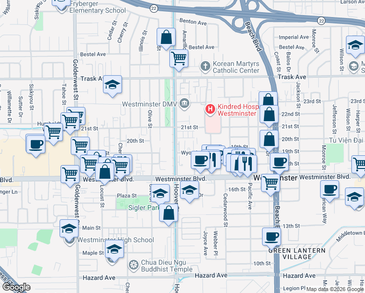 map of restaurants, bars, coffee shops, grocery stores, and more near 7521 Wyoming Street in Westminster