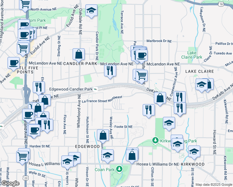 map of restaurants, bars, coffee shops, grocery stores, and more near 1 Lemon Lane Northeast in Atlanta