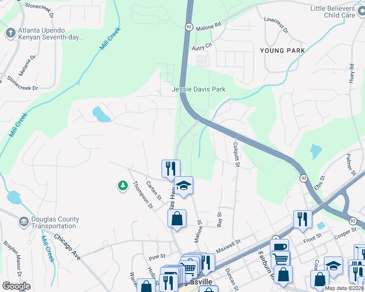 map of restaurants, bars, coffee shops, grocery stores, and more near 7988 Dallas Highway in Douglasville