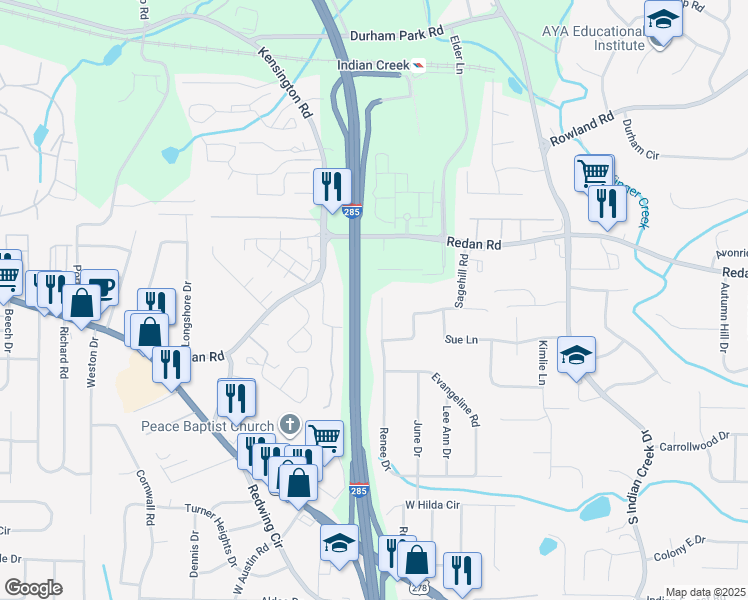 map of restaurants, bars, coffee shops, grocery stores, and more near 1127 Renee Drive in Decatur
