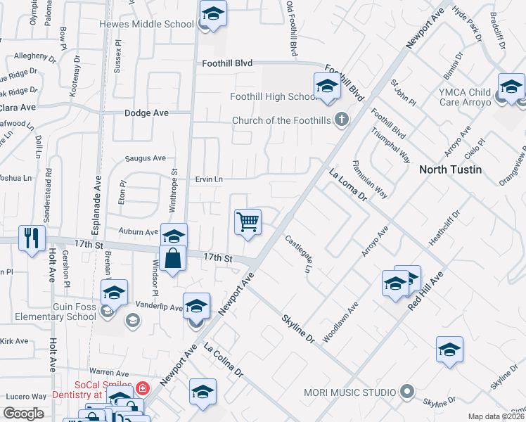 map of restaurants, bars, coffee shops, grocery stores, and more near 19002 Chadbourne Lane in Santa Ana