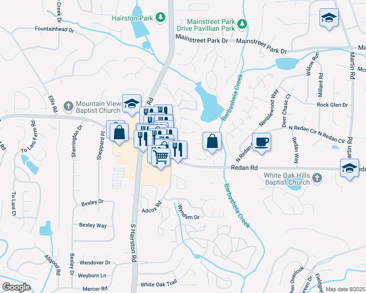 map of restaurants, bars, coffee shops, grocery stores, and more near 4962 Redan Road in Stone Mountain