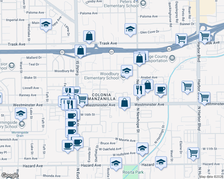 map of restaurants, bars, coffee shops, grocery stores, and more near 11286 Parkside Lane in Garden Grove