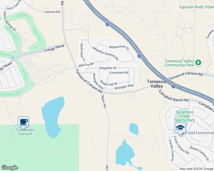 map of restaurants, bars, coffee shops, grocery stores, and more near 10301 Wagon Road West in Corona