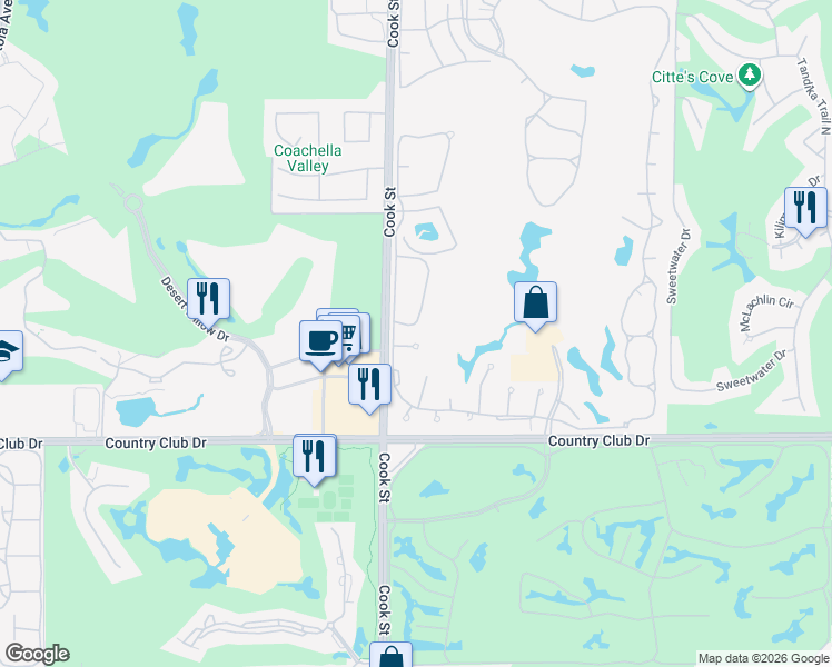 map of restaurants, bars, coffee shops, grocery stores, and more near 110 Celano Circle in Palm Desert