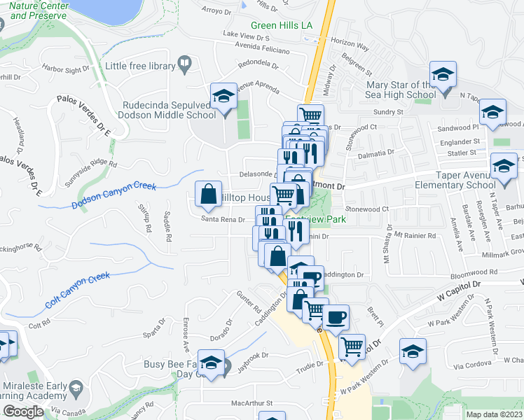 map of restaurants, bars, coffee shops, grocery stores, and more near 1808 Velez Drive in Rancho Palos Verdes