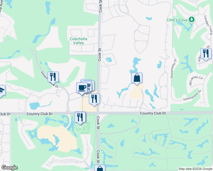 map of restaurants, bars, coffee shops, grocery stores, and more near 110 Celano Circle in Palm Desert