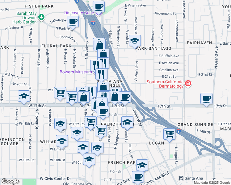 map of restaurants, bars, coffee shops, grocery stores, and more near 1806 North Spurgeon Street in Santa Ana