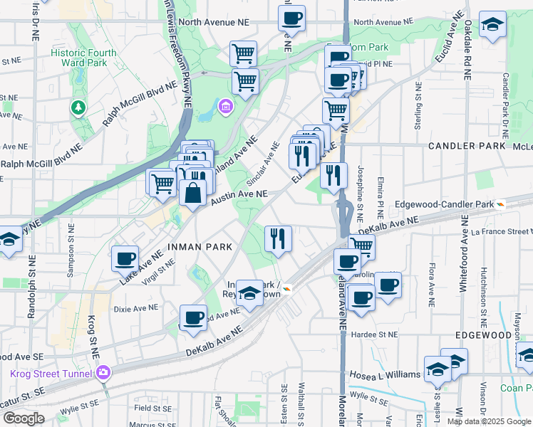 map of restaurants, bars, coffee shops, grocery stores, and more near 1020 Euclid Avenue Northeast in Atlanta