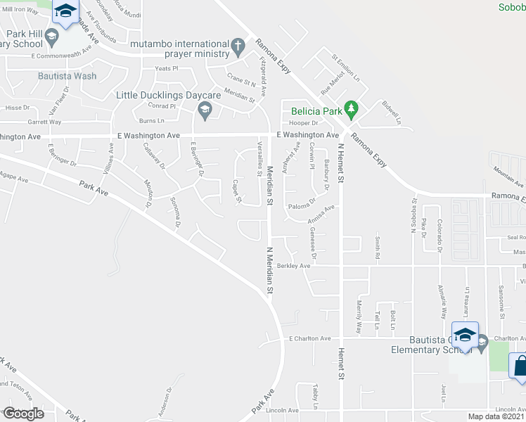 map of restaurants, bars, coffee shops, grocery stores, and more near 2392 Capet Street in San Jacinto