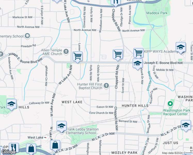 map of restaurants, bars, coffee shops, grocery stores, and more near 236 Childs Drive Northwest in Atlanta