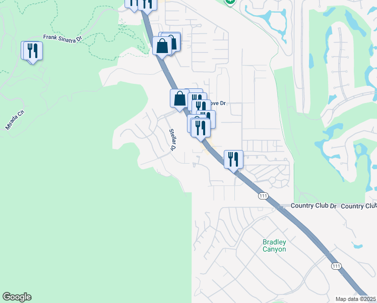 map of restaurants, bars, coffee shops, grocery stores, and more near 69800 Stellar Drive in Rancho Mirage