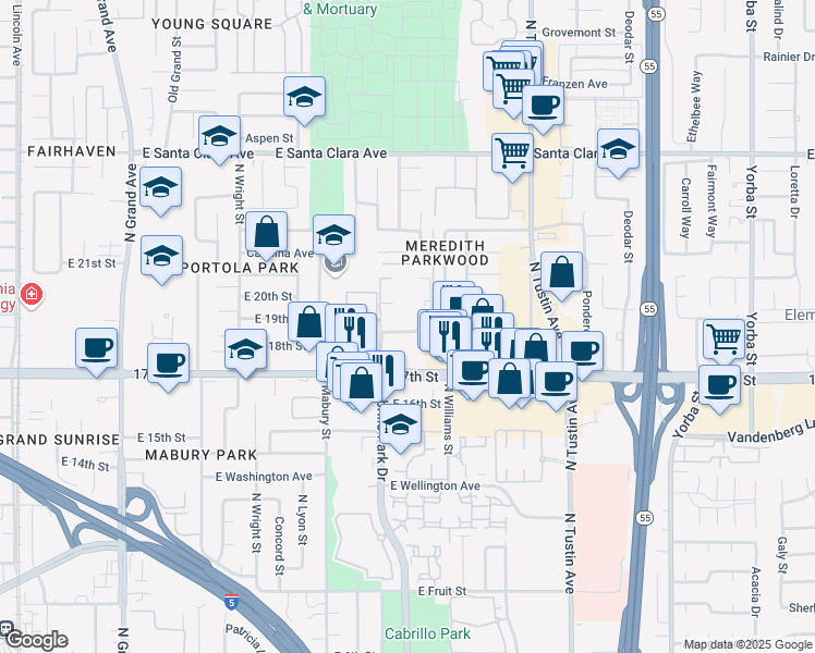 map of restaurants, bars, coffee shops, grocery stores, and more near 1901 East 19th Street in Santa Ana