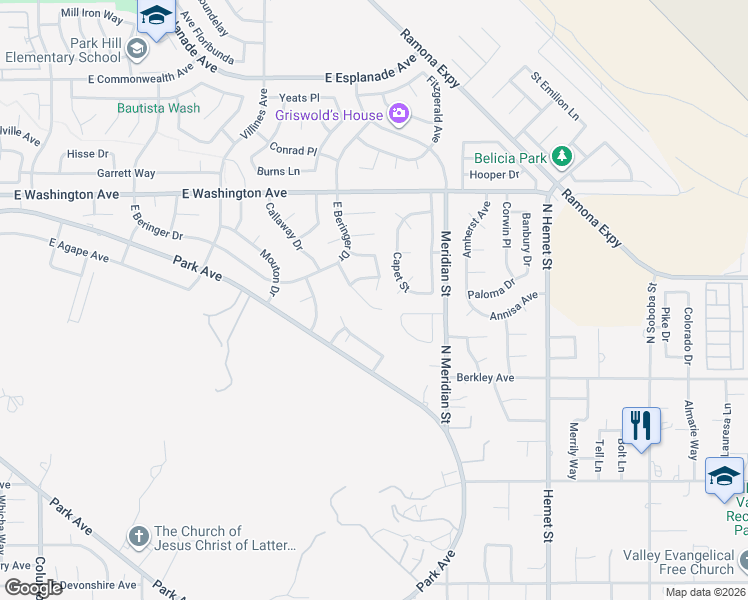 map of restaurants, bars, coffee shops, grocery stores, and more near 2357 Calona Place in San Jacinto