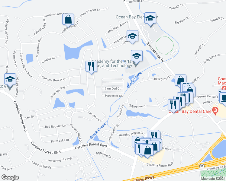 map of restaurants, bars, coffee shops, grocery stores, and more near 860 Barn Owl Court in Myrtle Beach