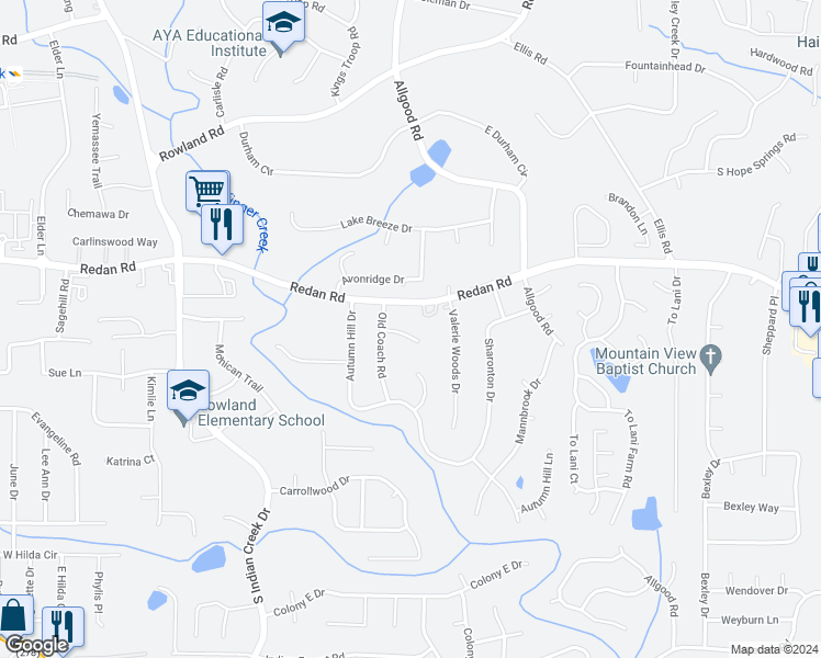 map of restaurants, bars, coffee shops, grocery stores, and more near 4280 Old Coach Court in Stone Mountain