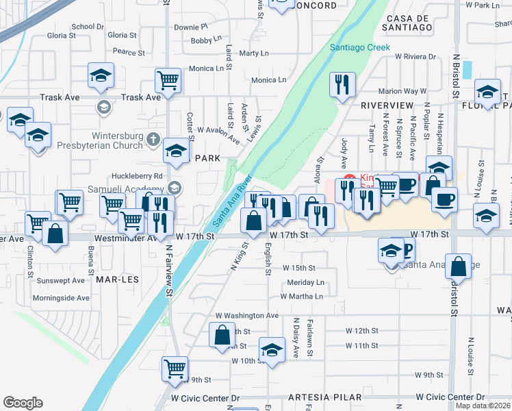 map of restaurants, bars, coffee shops, grocery stores, and more near 2111 West 17th Street in Santa Ana