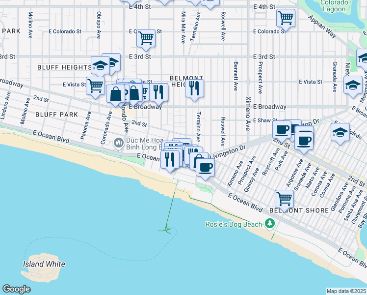 map of restaurants, bars, coffee shops, grocery stores, and more near in Long Beach