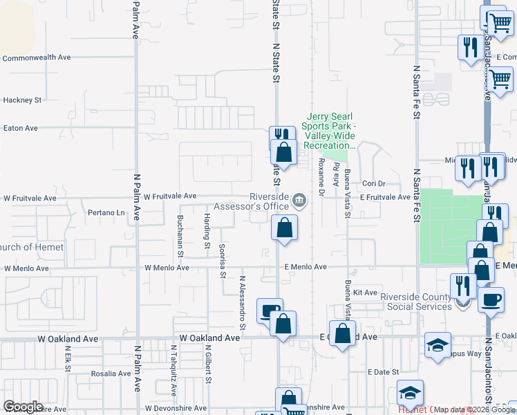map of restaurants, bars, coffee shops, grocery stores, and more near 55 West Fruitvale Avenue in Hemet