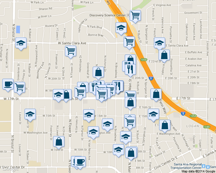 map of restaurants, bars, coffee shops, grocery stores, and more near 1914 North Victoria Drive in Santa Ana