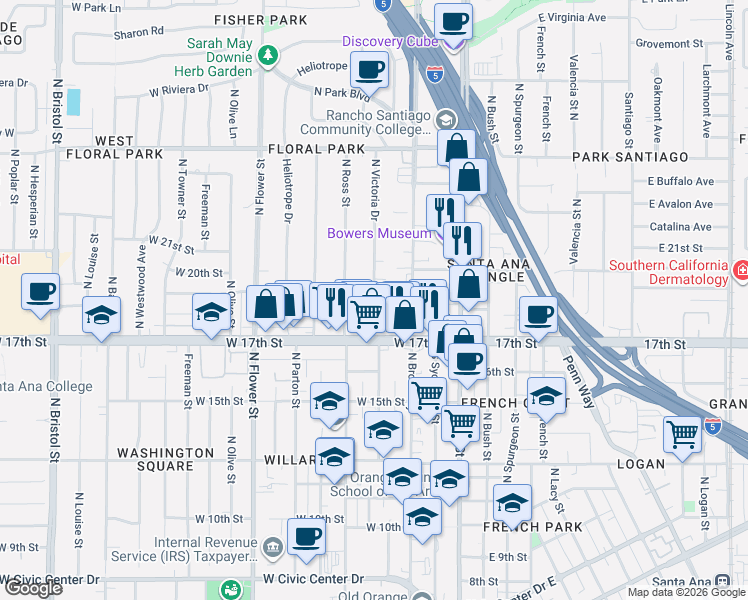 map of restaurants, bars, coffee shops, grocery stores, and more near 1914 North Victoria Drive in Santa Ana