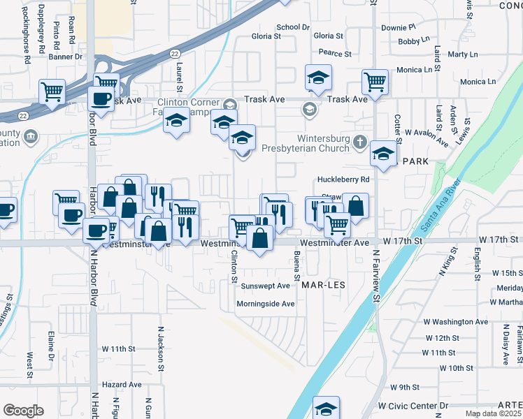 map of restaurants, bars, coffee shops, grocery stores, and more near 12552 Tours Avenue in Garden Grove