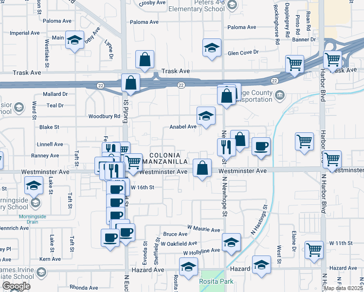 map of restaurants, bars, coffee shops, grocery stores, and more near 13800 Rosita Place in Garden Grove