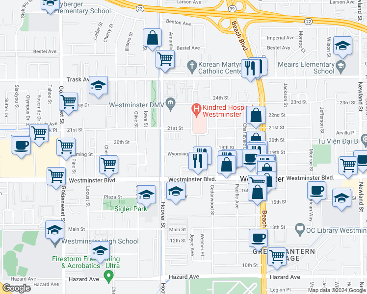 map of restaurants, bars, coffee shops, grocery stores, and more near 7631 Wyoming Street in Westminster