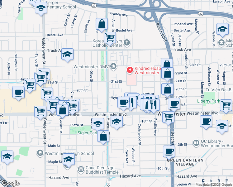 map of restaurants, bars, coffee shops, grocery stores, and more near 7571 Wyoming Street in Westminster
