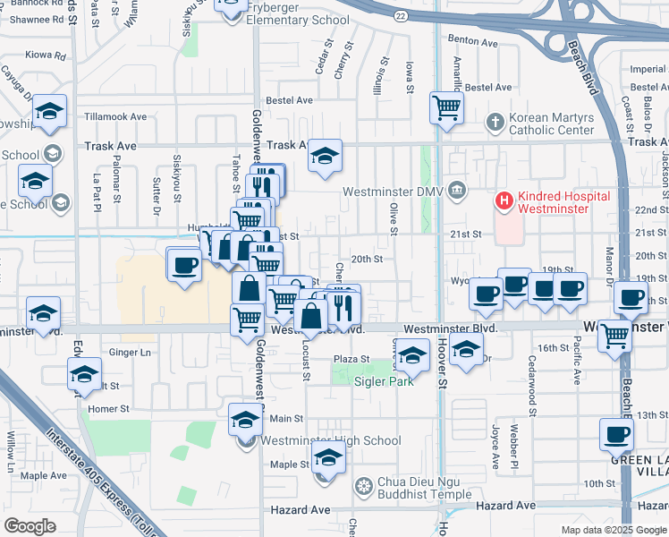 map of restaurants, bars, coffee shops, grocery stores, and more near 13781 Cherry Street in Westminster