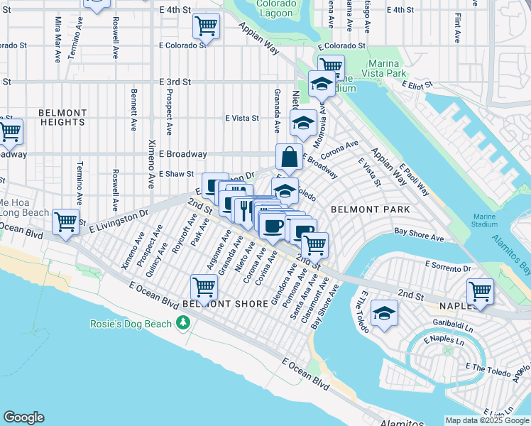 map of restaurants, bars, coffee shops, grocery stores, and more near 234 Nieto Avenue in Long Beach