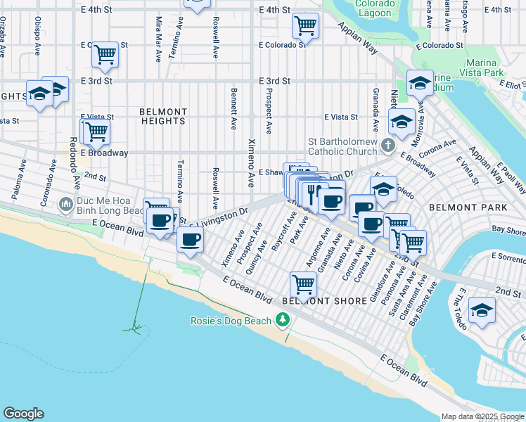 map of restaurants, bars, coffee shops, grocery stores, and more near in Long Beach