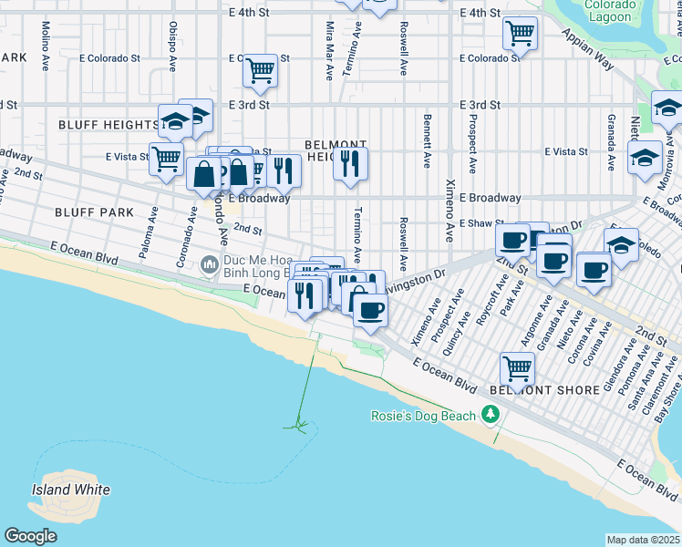 map of restaurants, bars, coffee shops, grocery stores, and more near 123 Termino Avenue in Long Beach