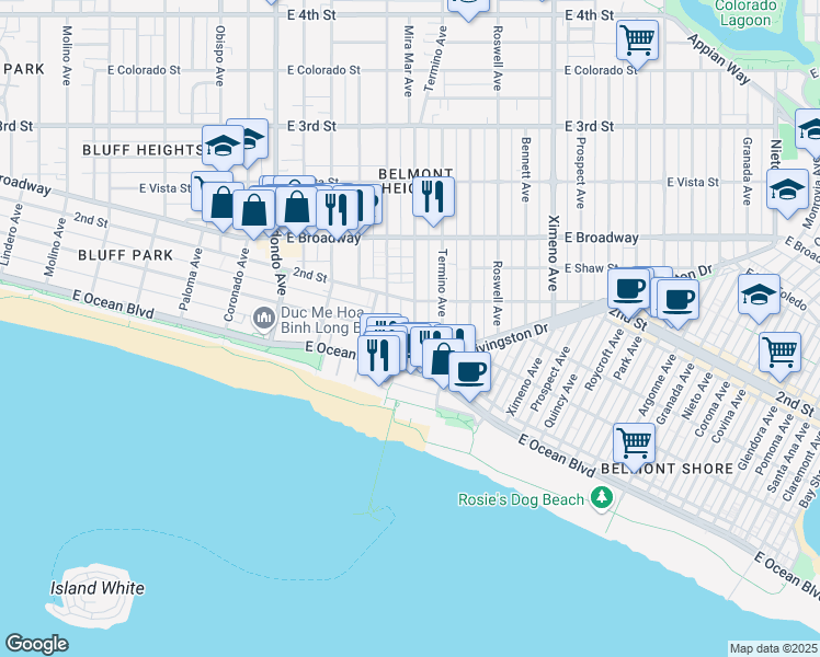 map of restaurants, bars, coffee shops, grocery stores, and more near in Long Beach