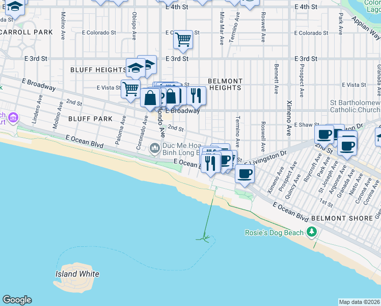 map of restaurants, bars, coffee shops, grocery stores, and more near 3535 East 1st Street in Long Beach