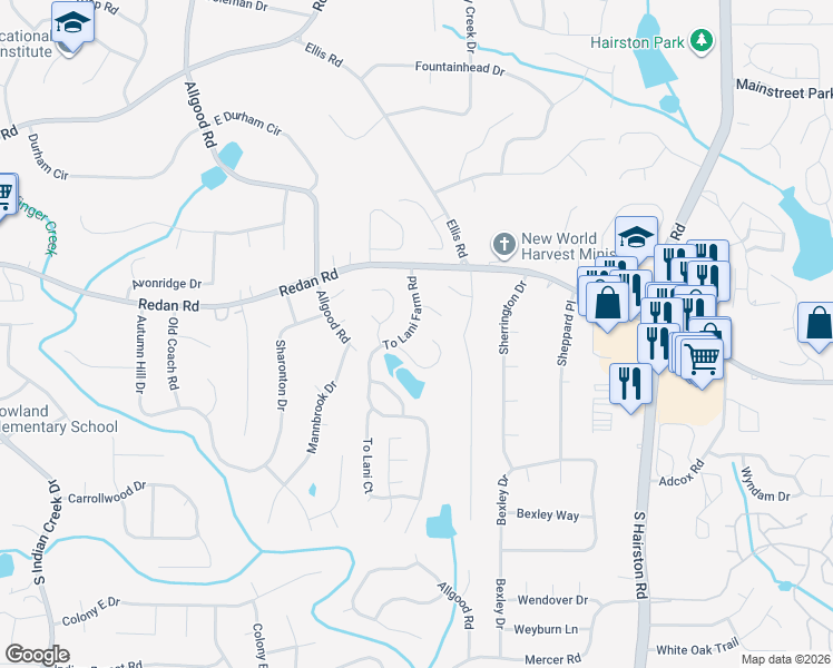 map of restaurants, bars, coffee shops, grocery stores, and more near 1118 To Lani Farm Road in Stone Mountain