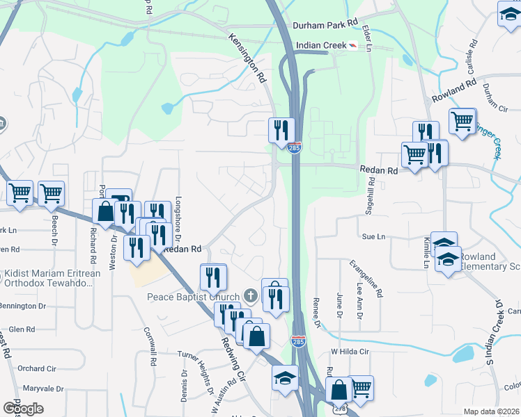 map of restaurants, bars, coffee shops, grocery stores, and more near 3831 Redan Road in Decatur