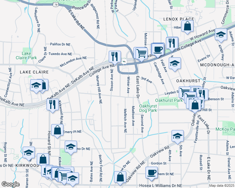 map of restaurants, bars, coffee shops, grocery stores, and more near 312 Leland Terrace Northeast in Atlanta