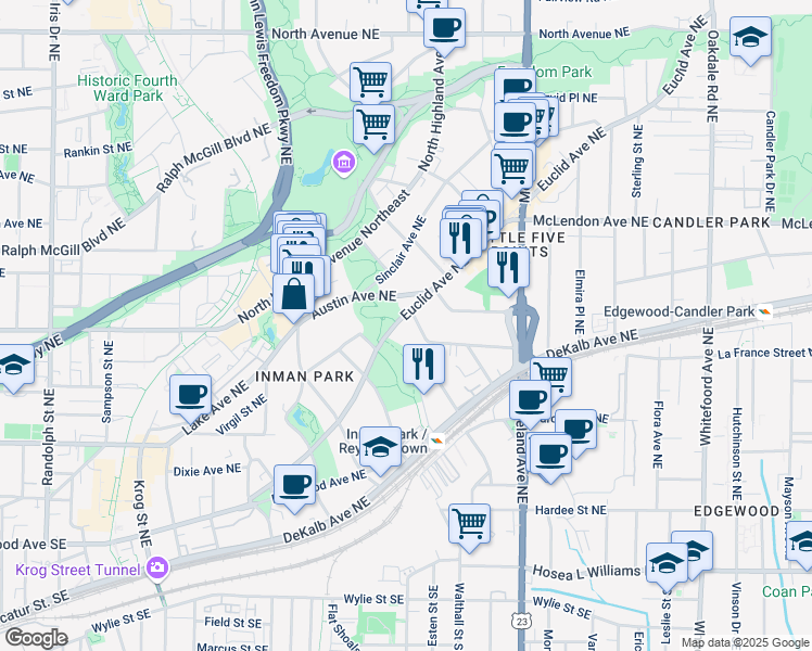map of restaurants, bars, coffee shops, grocery stores, and more near 1013 Euclid Avenue Northeast in Atlanta