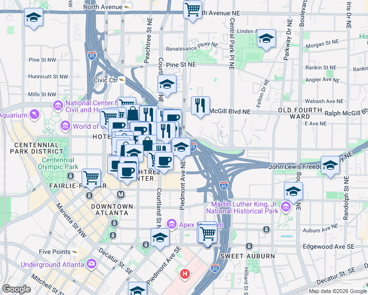 map of restaurants, bars, coffee shops, grocery stores, and more near 254 Piedmont Avenue Northeast in Atlanta