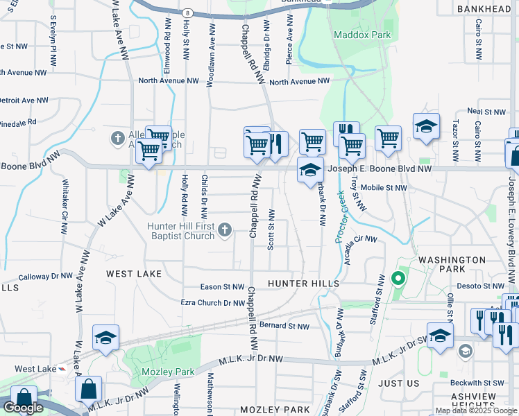 map of restaurants, bars, coffee shops, grocery stores, and more near 250 Chappell Road Northwest in Atlanta