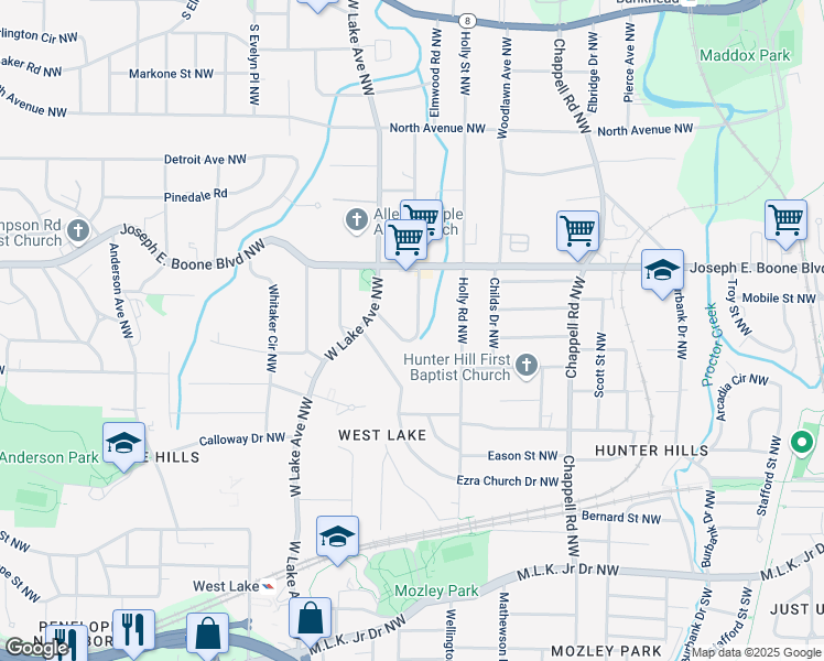 map of restaurants, bars, coffee shops, grocery stores, and more near 240 West Lake Drive Northwest in Atlanta