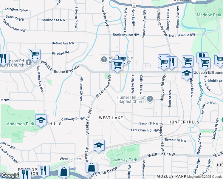 map of restaurants, bars, coffee shops, grocery stores, and more near 185 West Lake Drive Northwest in Atlanta